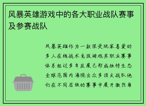 风暴英雄游戏中的各大职业战队赛事及参赛战队