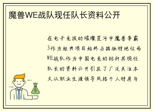 魔兽WE战队现任队长资料公开