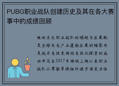 PUBG职业战队创建历史及其在各大赛事中的成绩回顾
