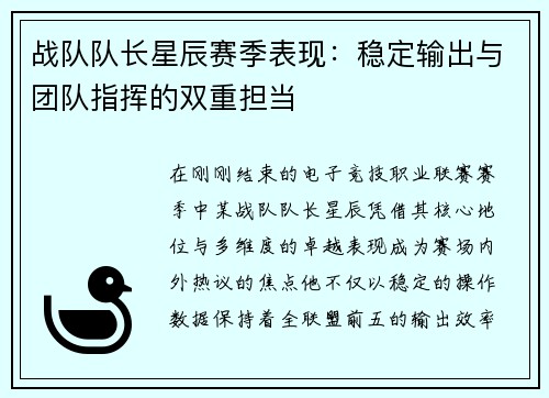 战队队长星辰赛季表现：稳定输出与团队指挥的双重担当